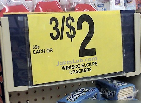 funny sale sign, 3 for $2, each for 59 cents, crackers