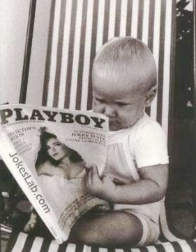 funny boy is reading a playboy magazine