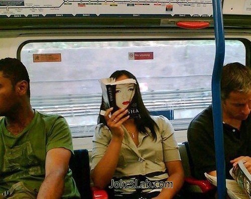 funny book cover, reading in a train