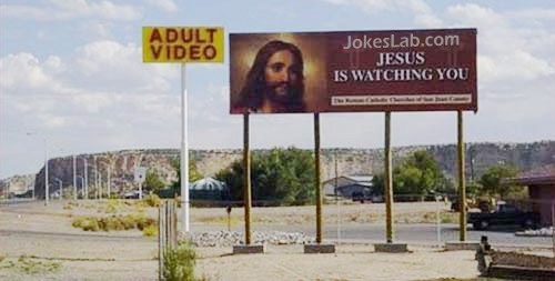 funny sign, Jesus is watching adult video