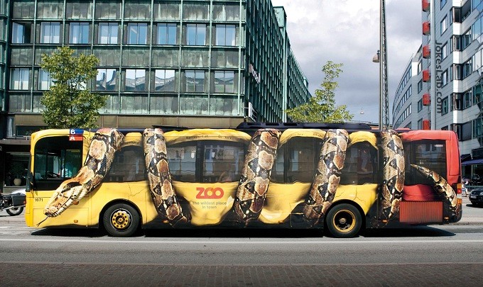 funny bus ad for a zoo, snake