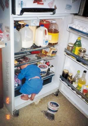 funny boy find food in the refrigerator