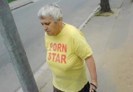 a real old porn star, sorry, just a housewife with a shirt with a shit slogan